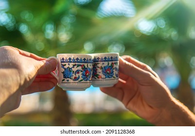 Cups With Turkish Coffee In Hands. Selective Focus. Drink.