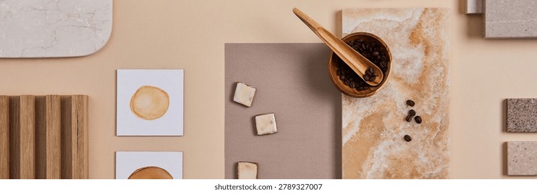 A curated flat lay of design elements including coffee beans, rich fabrics, and diverse textures in warm, neutral colors, ideal for stylish decor concepts