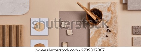 A curated flat lay of design elements including coffee beans, rich fabrics, and diverse textures in warm, neutral colors, ideal for stylish decor concepts