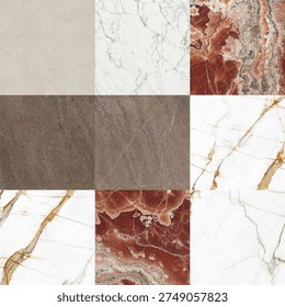 A curated grid composition featuring a mix of marble, granite, and concrete surface textures. The image showcases elegant white marble with soft veining, warm-toned granite with organic mineral patterns, and industrial grey cement finishes. The neutral color palette of beige, ivory, grey, and taupe creates a refined architectural mood, ideal for interior design, ceramic tiles, surface collections, and material mood boards
