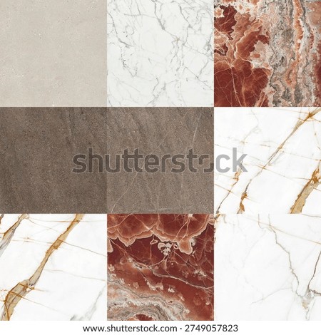 A curated grid composition featuring a mix of marble, granite, and concrete surface textures. The image showcases elegant white marble with soft veining, warm-toned granite with organic mineral patterns, and industrial grey cement finishes. The neutral color palette of beige, ivory, grey, and taupe creates a refined architectural mood, ideal for interior design, ceramic tiles, surface collections, and material mood boards