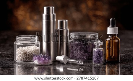 A curated selection of natural elements and tools, including amethyst, herbs, and essential oil bottles, suggesting a focus on organic beauty and wellness.