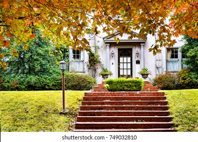 Curb Appeal - Charming Home With Red Brick Steps And Fall Foliage