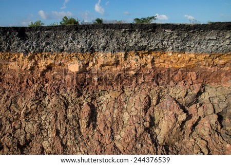 The curb erosion from storms. To indicate the layers of soil and rock. Foto d'archivio © 