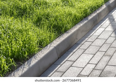 Curb on the border of a rectangular cobblestone walkway and green lawns. Green lawn next to a paved walkway. Landscaped courtyard element with grass and stone walkway. Photo