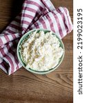 Curd cheese, quark, ricotta, farmers cheese or tvorog in a bowl. Healthy dairy product