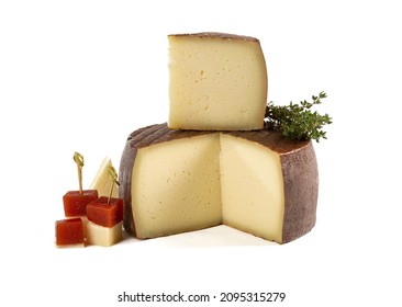 Cured Cheese Wedge. Spanish Cheese, White Background