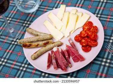 Cured Meat Platter With Cheese And Spanish Sausages, Slices And Cuts