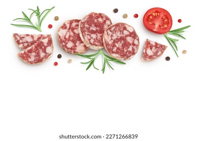 Cured salami sausage slices isolated on white background. Italian cuisine with full depth of field. Top view with copy space for your text. Flat lay. - Shutterstock ID 2271266839