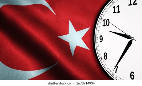 Curfew Concept Background With Turkey Flag And Clock