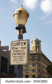 Curfew Sign In Downtown Long Beach, California. Minors Under 18 Not Allowed Without An Adult