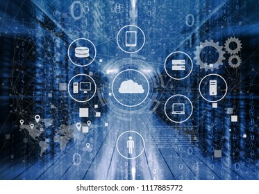 Curios IT Engineer Standing In The Middle Of A Working Data Center Server Room. Cloud And Internet Icon Visualisation In The Foreground.