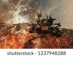 Curiosity Mars Rover exploring the surface of red planet. Elements of this image furnished by NASA.