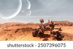 Curiosity Mars Rover exploring the surface of red planet. Elements of this image furnished by NASA.