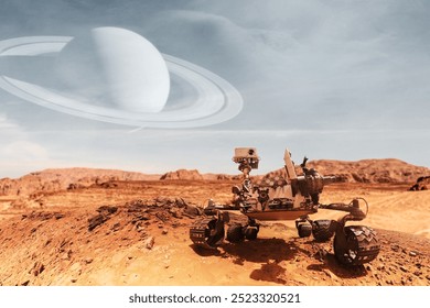 Curiosity Mars Rover exploring the surface of red planet with Saturn planet background. Elements of this image furnished by NASA. - Powered by Shutterstock