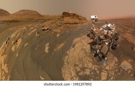 NASA’s Curiosity Mars Rover On Mars Surface With Mont Mercou. Elements Of This Image Furnished By NASA 