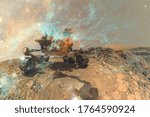 Curiosity rover exploring the surface of Mars. Science fiction wallpaper. Elements of this image furnished by NASA.
