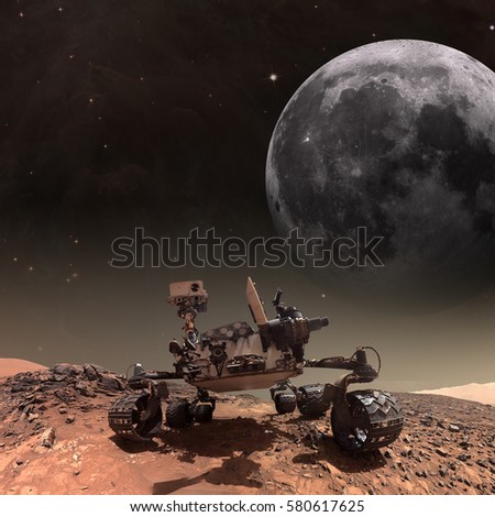 Curiosity rover exploring the surface of Mars. Elements of this image furnished by NASA.