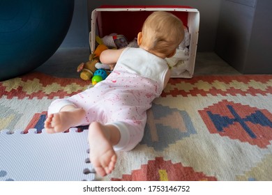 Curious Baby Girl Wearing Pink Clothes, Checking Box With Stuff, Seeking Her Favorite Toy. Back View. Childhood Concept