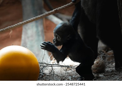 A curious baby gorilla interacts with a yellow ball, showcasing its playful nature and intelligence. This captivating wildlife moment highlights the tender and inquisitive behavior of young primates. - Powered by Shutterstock