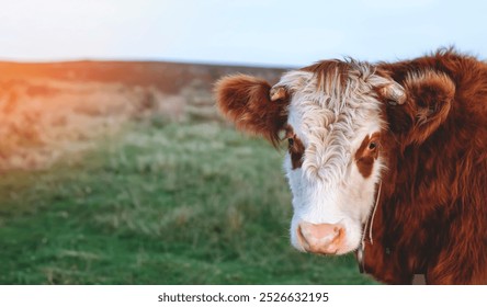 A curious calf gazes in the golden sunlight on a peaceful farm in the countryside during a serene evening - Powered by Shutterstock