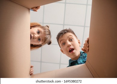 Curious Children Looking Inside Cardboard Box, Bottom View