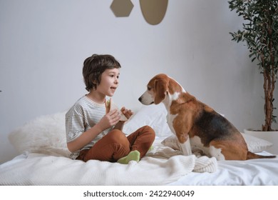 The curious gaze of a beagle meets a child's offer of food, a picture of trust and the sharing spirit inherent in the bond between kids and their pets. - Powered by Shutterstock