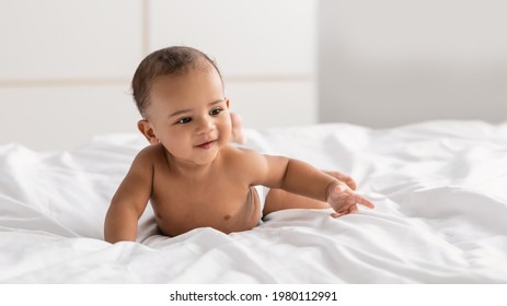 Curious Infant. Portrait Of Adorable Naked African American Baby Crawling On Bed On The White Bedsheets In Bedroom. Smiling Little Black Child Lying On Tummy, Playing, Looking Away. Free Space, Banner