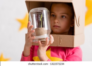Curious Kid In Cardboard Helmet Looking At Plant In Jar