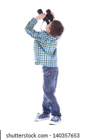 Curious Little Boy Is Looking Left Up Through Binoculars Isolated Over White Background