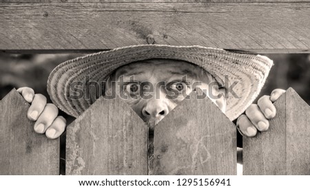 Similar – a curious neighbour looks over a garden fence