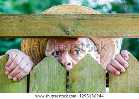 Similar – a curious neighbour looks over a garden fence