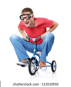 The curious man on a children's bicycle, on white background