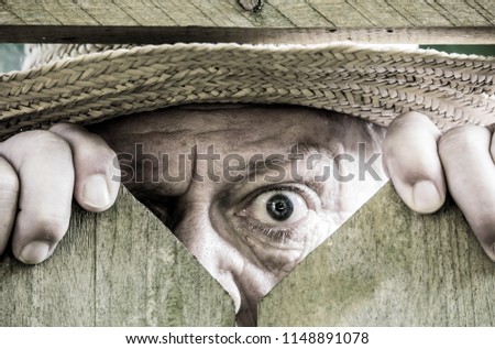 Similar – a curious neighbour looks over a garden fence