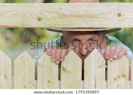 Similar – a curious neighbour looks over a garden fence