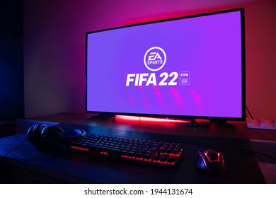 Curitiba, Paraná, Brazil - February 9, 2021: FIFA 22 game on the PC. FIFA 22 is an online multiplayer video game developed by EA Sports. Selective focus..