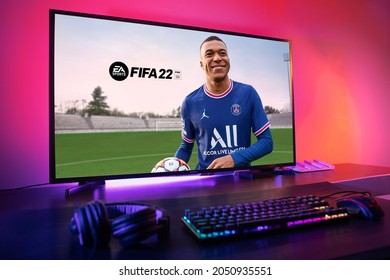 Curitiba, Paraná, Brazil - September 9, 2021: FIFA 22 game on the PC. FIFA 22 is an online multiplayer video game developed by EA Sports. Selective focus