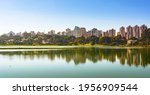 Curitiba, Parana, Brazil - April 10th: Par. City park view in South America city. Parque Barigui, Barigui Park. Morning nature scene. Daylight panorama.  Colorful landscape.