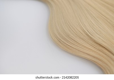 Curl female healthy hair. Concept hairdresser spa salon. strand of blond silky hair on a white background. Mock up for design. Real photo, mockup template, isolated on light grey background.