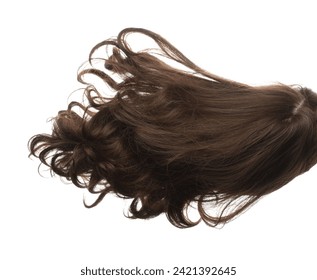 Curl Wig hair style fly fall explosion. Curly brunette woman wig hair float in mid air. Wave curl wig hair extension wind blow cloud throw. White background isolated high speed freeze motion