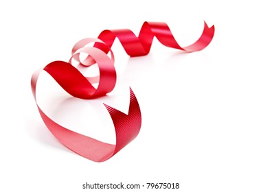 Curled Red Holiday Ribbon Strip Isolated On White Background