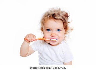 Curly Baby Toddler Brushing Teeth. Isolated On White Background.