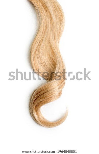 Curly blonde hair\
isolated on white background. Beautiful healthy long blond hair\
lock, haircut, hairstyle. Dyed hair or coloring, hair extension,\
cure, treatment concept
