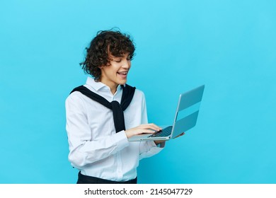 Curly Guy Laptop Work Online Finance Professional Cropped View