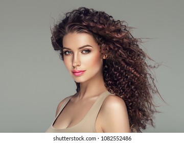 Curly Hair Woman Beautiful Beauty Portrait, Female Glamour Face With Long Brunette Hairstyle