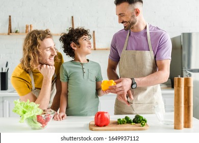 Curly Mixed Race Kid Near Happy Homosexual Parents In Kitchen