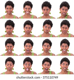 Curly Short Black Hair Young Latina Brazilian Woman Collection Set Of Face Expression Like Happy, Sad, Angry, Surprise, Yawn Isolated On White