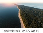 Curonian Spit wth Baltic sea coastline on sunset. Kurshskaya kosa national park near Zelenogradsk. Kaliningrad region. Aerial top view