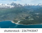 Currant Creek flows into Lake Clark in Lake Clark National Park and Preserve in Alaska. Aerial view from above lake  just north of Port Alsworth. 