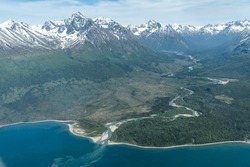 Currant Creek Flows Into Lake Clark In Lake Clark National Park And Preserve In Alaska. Aerial View From Above Lake  Just North Of Port Alsworth. 